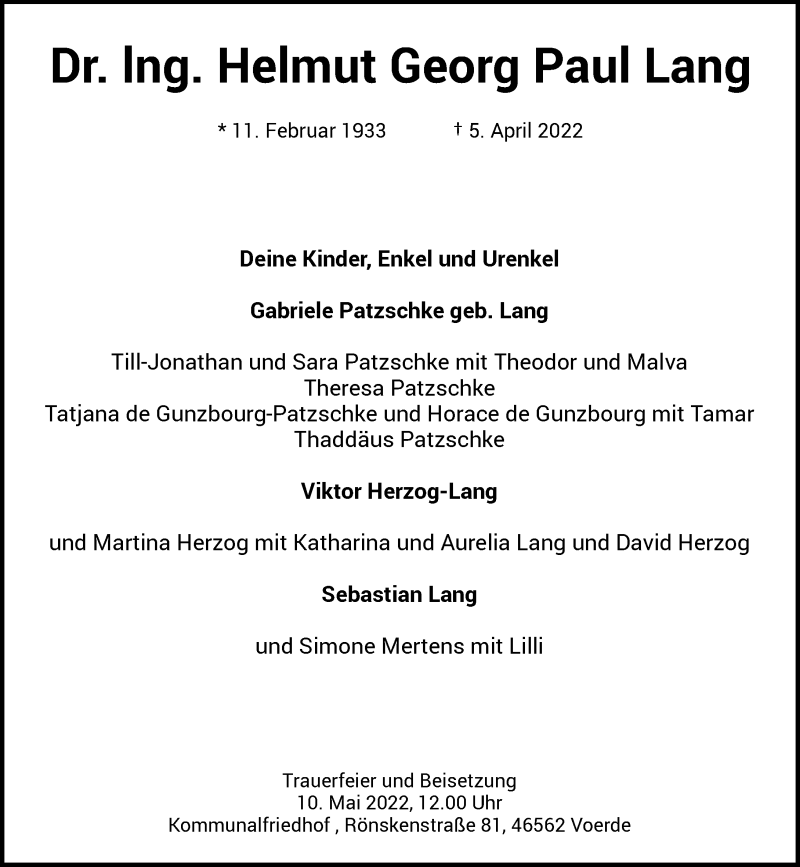  Traueranzeige für Helmut Georg Paul Lang vom 03.05.2022 aus Rheinische Post