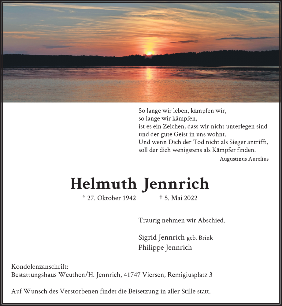  Traueranzeige für Helmuth Jennrich vom 14.05.2022 aus Rheinische Post
