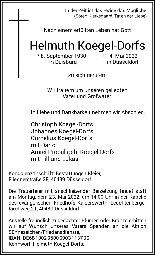  Traueranzeige für Helmuth Koegel-Dorfs vom 20.05.2022 aus Rheinische Post