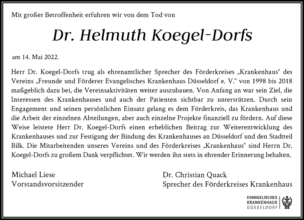  Traueranzeige für Helmuth Koegel-Dorfs vom 21.05.2022 aus Rheinische Post