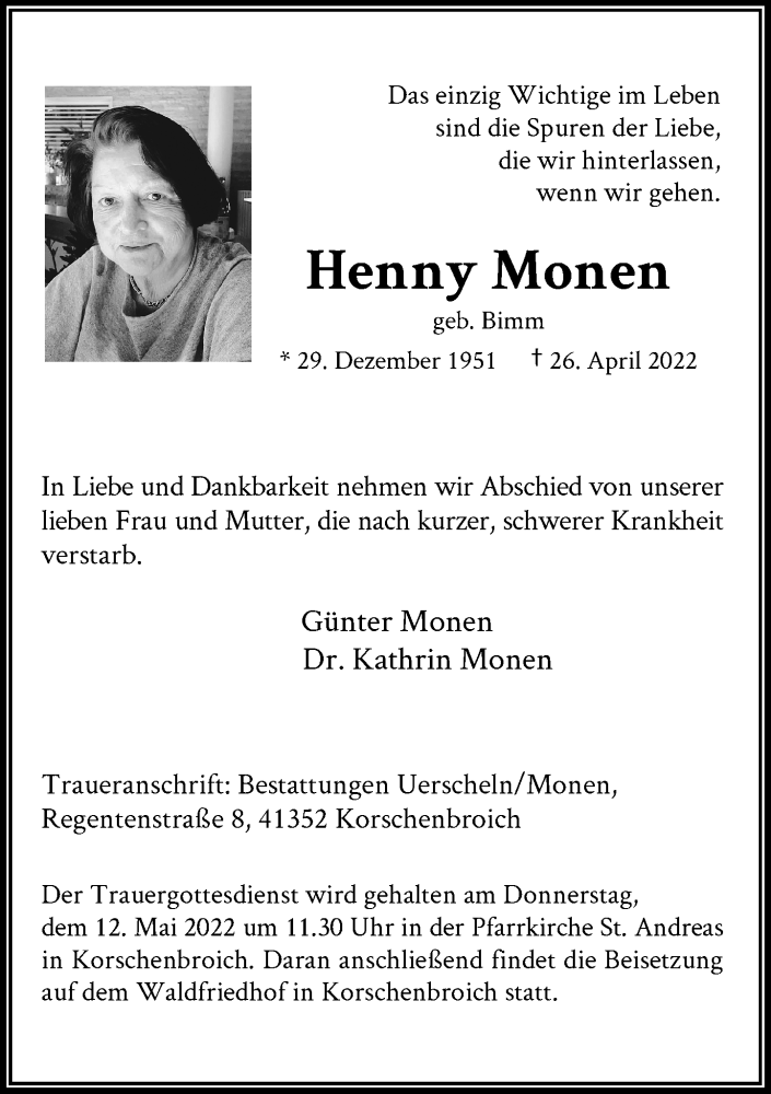  Traueranzeige für Henny Monen vom 07.05.2022 aus Rheinische Post