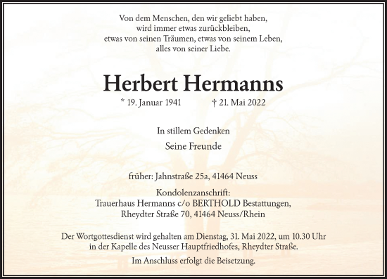 Traueranzeige von Herbert Hermanns von Rheinische Post