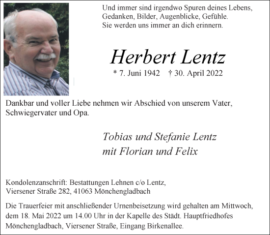 Traueranzeige von Herbert Lentz von Rheinische Post