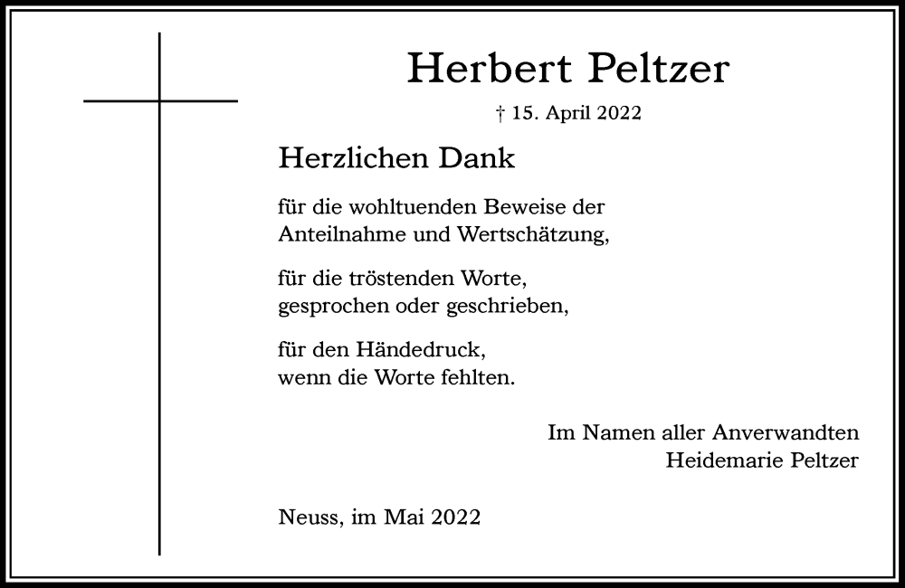  Traueranzeige für Herbert Peltzer vom 14.05.2022 aus Rheinische Post