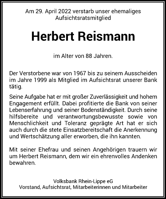 Traueranzeige von Herbert Reismann von Rheinische Post