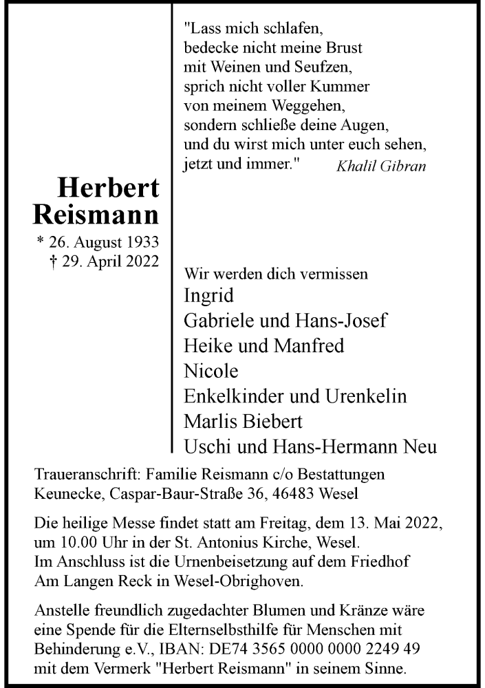  Traueranzeige für Herbert Reismann vom 07.05.2022 aus Rheinische Post