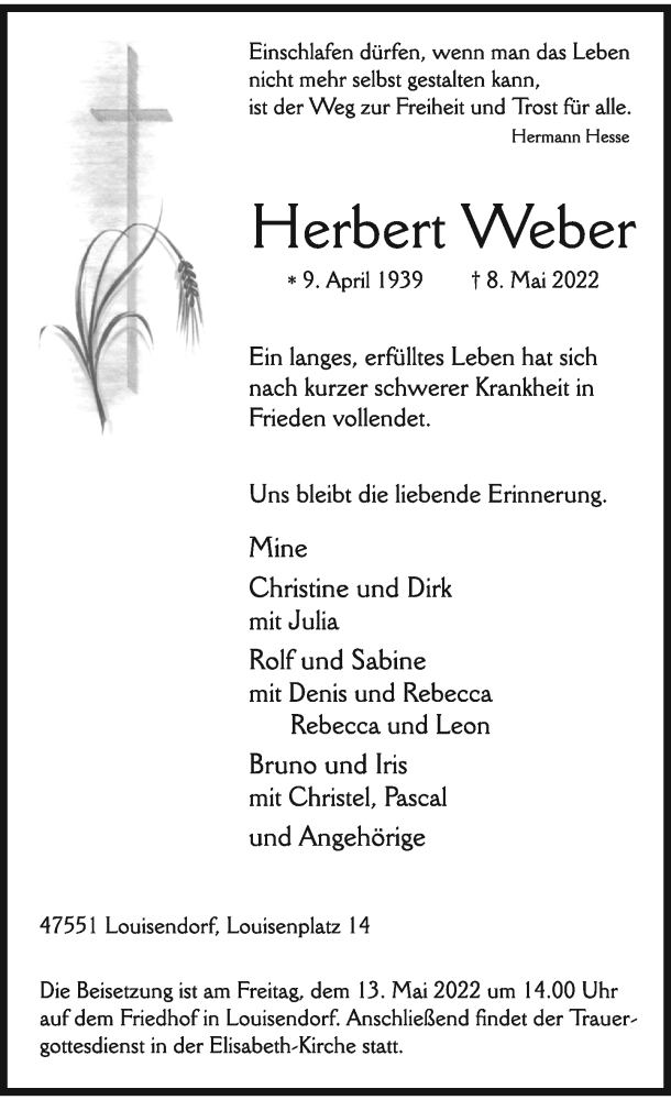  Traueranzeige für Herbert Weber vom 11.05.2022 aus Rheinische Post