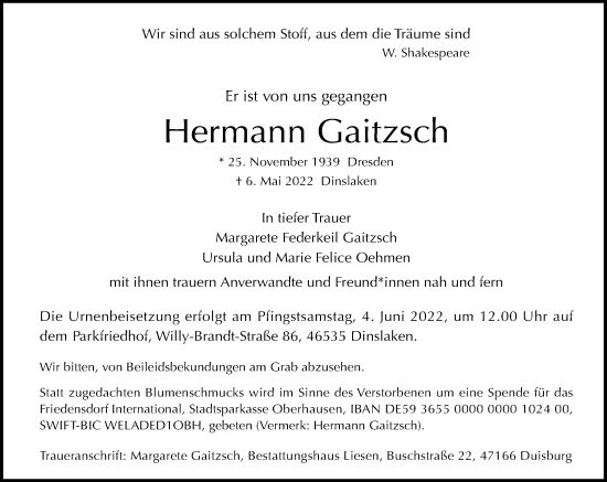 Traueranzeige von Hermann Gaitzsch von Rheinische Post