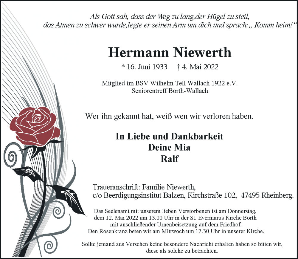  Traueranzeige für Hermann Niewerth vom 07.05.2022 aus Rheinische Post