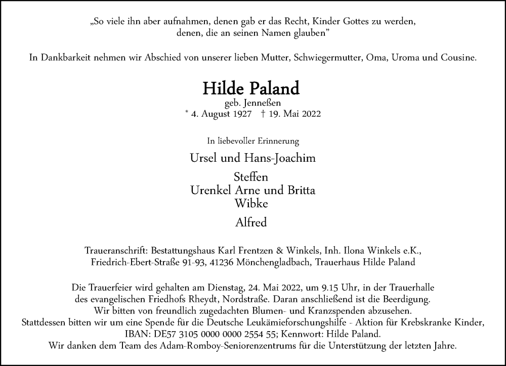  Traueranzeige für Hilde Paland vom 21.05.2022 aus Rheinische Post