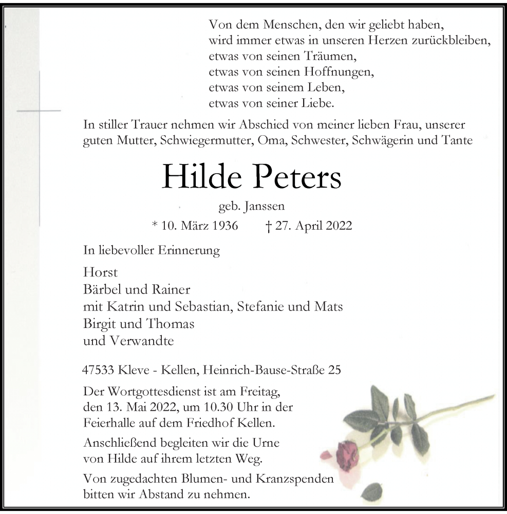  Traueranzeige für Hilde Peters vom 07.05.2022 aus Rheinische Post