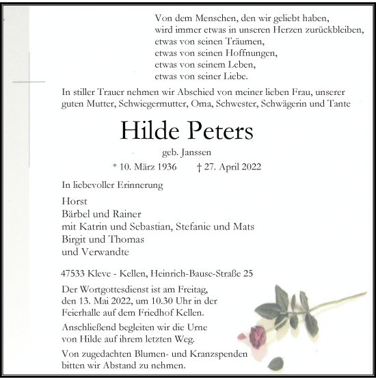 Traueranzeige von Hilde Peters von Rheinische Post