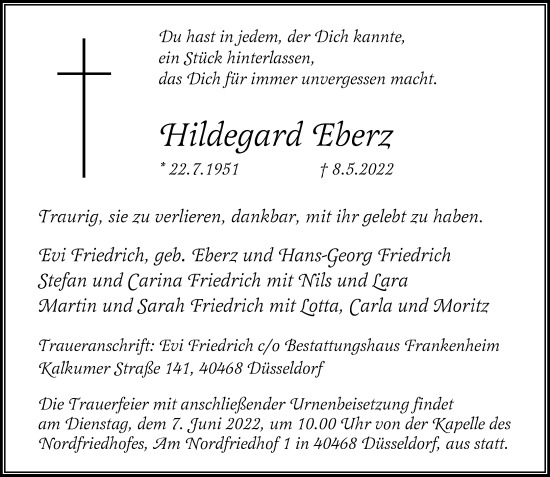 Traueranzeige von Hildegard Eberz von Rheinische Post