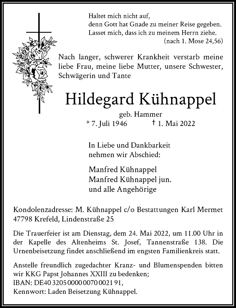  Traueranzeige für Hildegard Kühnappel vom 07.05.2022 aus Rheinische Post