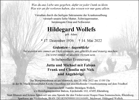 Traueranzeige von Hildegard Wollefs von Rheinische Post