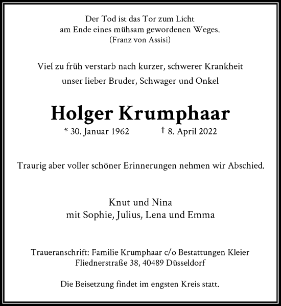 Traueranzeige von Holger Krumphaar von Rheinische Post
