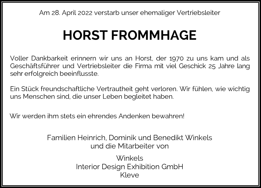  Traueranzeige für Horst Frommhage vom 21.05.2022 aus Rheinische Post