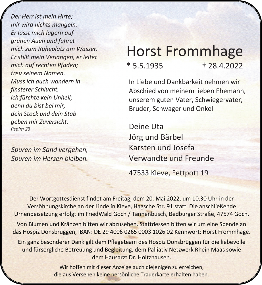  Traueranzeige für Horst Frommhage vom 14.05.2022 aus Rheinische Post