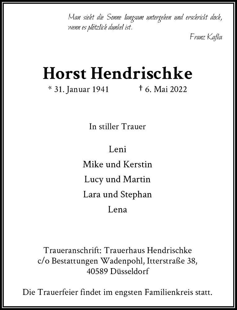  Traueranzeige für Horst Hendrischke vom 21.05.2022 aus Rheinische Post