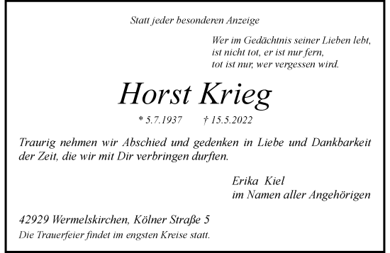 Traueranzeige von Horst Krieg von Rheinische Post