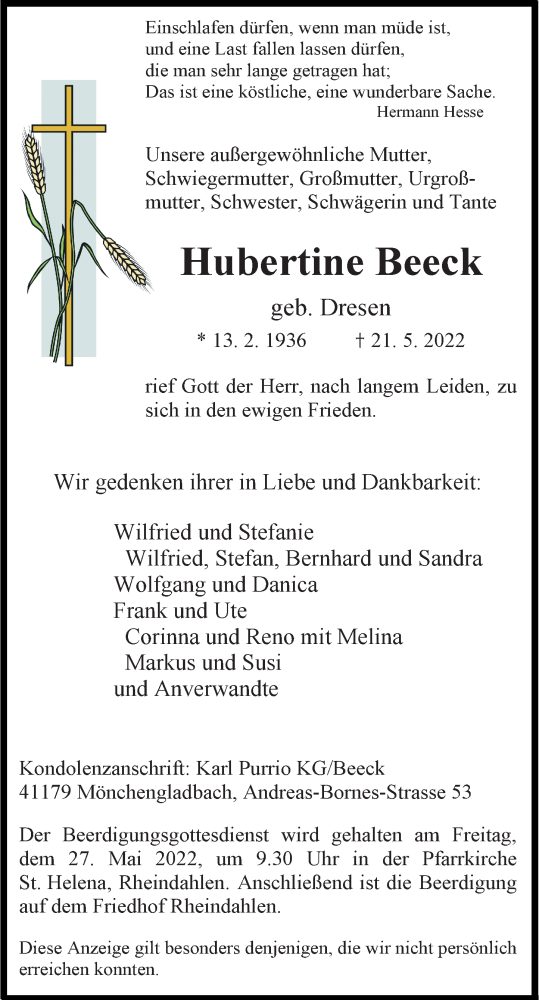  Traueranzeige für Hubertine Beeck vom 25.05.2022 aus Rheinische Post