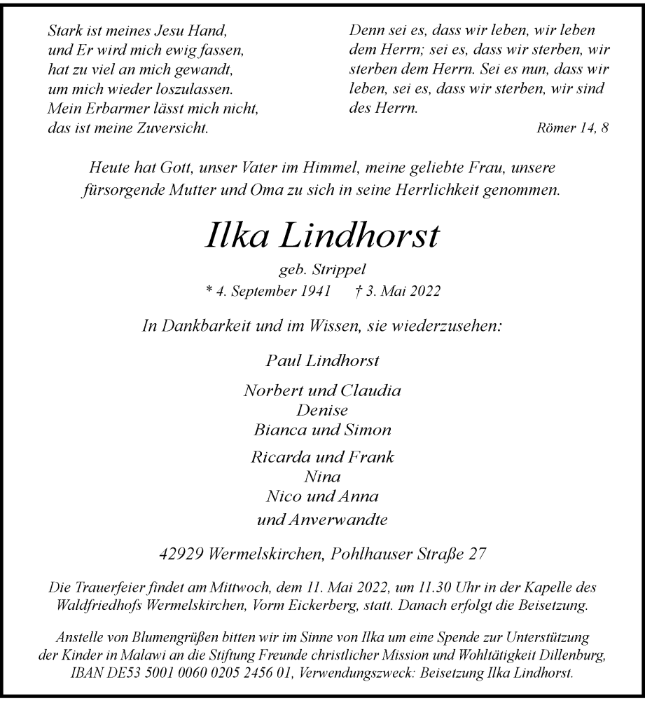  Traueranzeige für Ilka Lindhorst vom 07.05.2022 aus Rheinische Post
