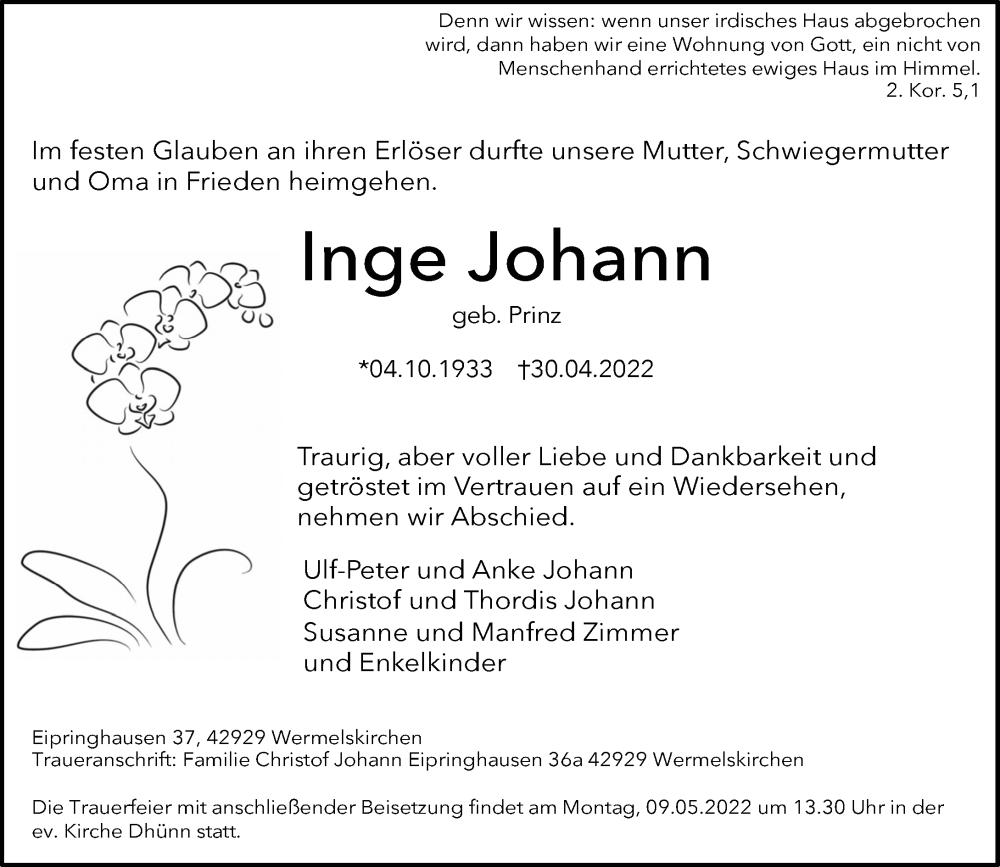  Traueranzeige für Inge Johann vom 05.05.2022 aus Rheinische Post