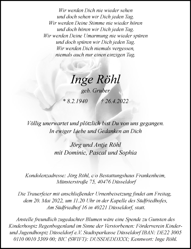  Traueranzeige für Inge Röhl vom 07.05.2022 aus Rheinische Post