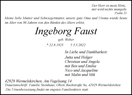 Traueranzeige von Ingeborg Faust von Rheinische Post