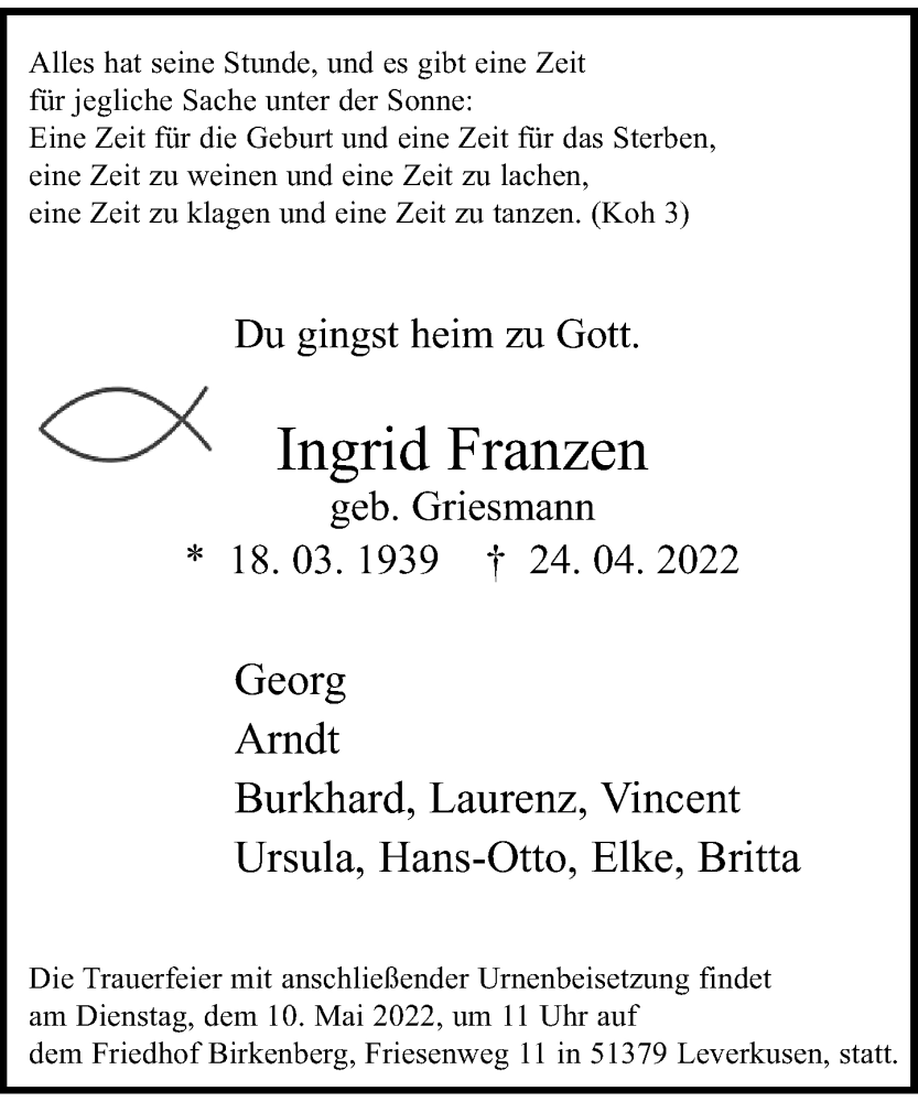  Traueranzeige für Ingrid Franzen vom 07.05.2022 aus Rheinische Post