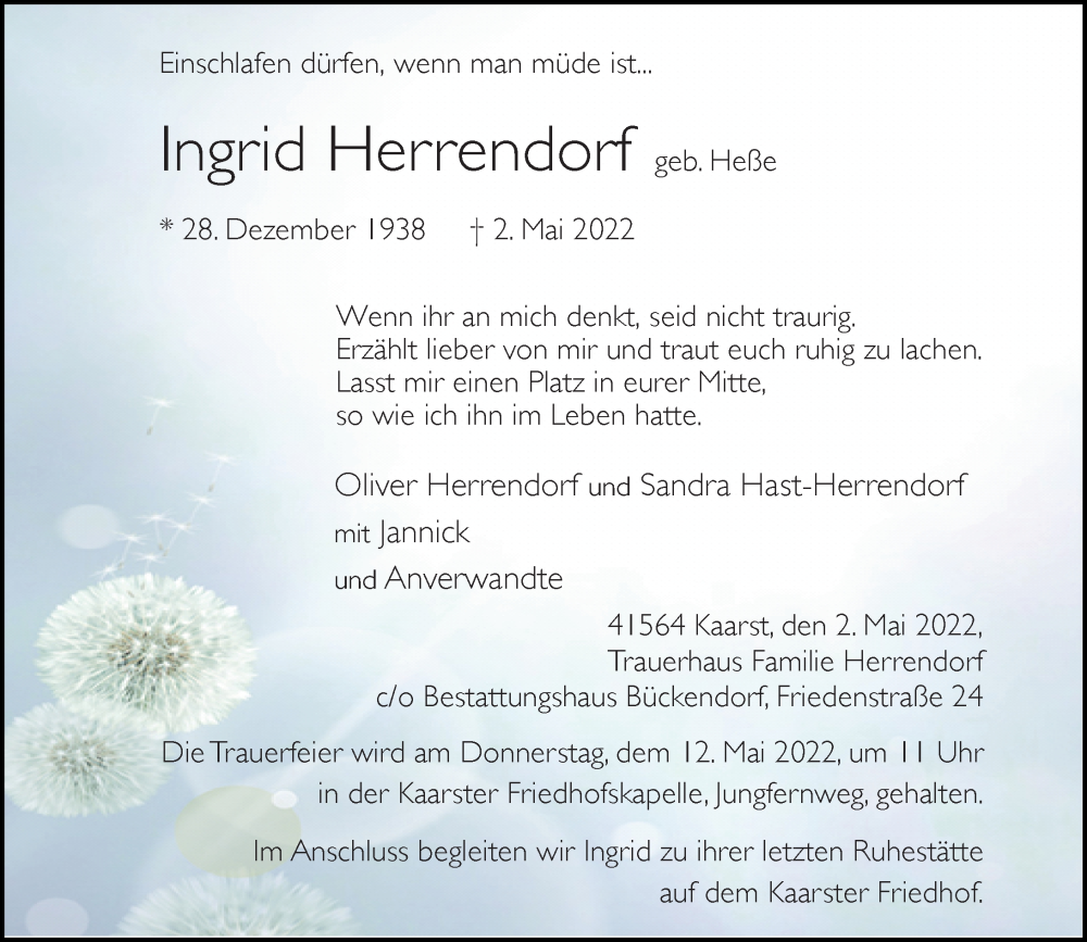  Traueranzeige für Ingrid Herrendorf vom 07.05.2022 aus Rheinische Post