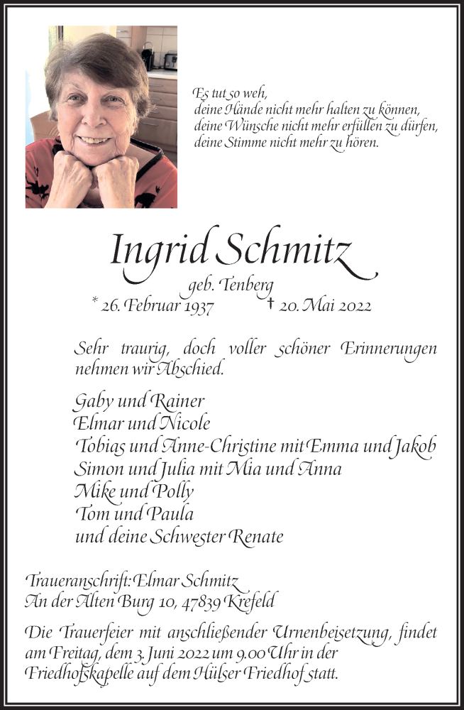  Traueranzeige für Ingrid Schmitz vom 28.05.2022 aus Rheinische Post