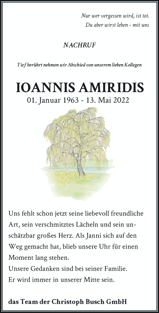  Traueranzeige für Ioannis Amiridis vom 17.05.2022 aus Rheinische Post