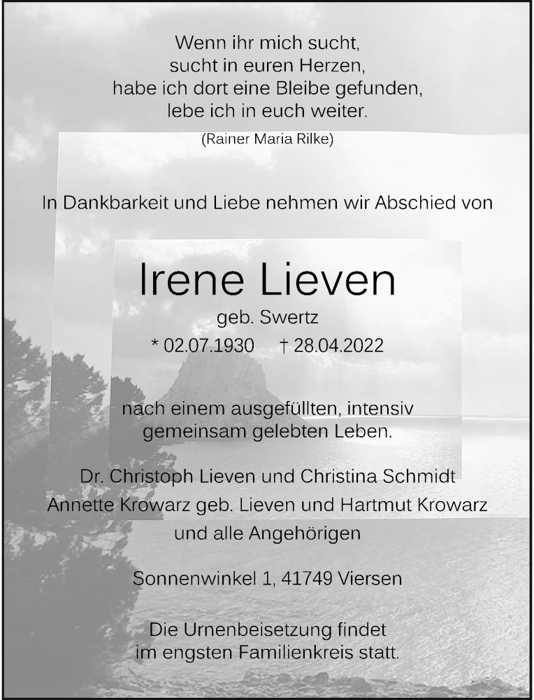  Traueranzeige für Irene Lieven vom 04.05.2022 aus Rheinische Post