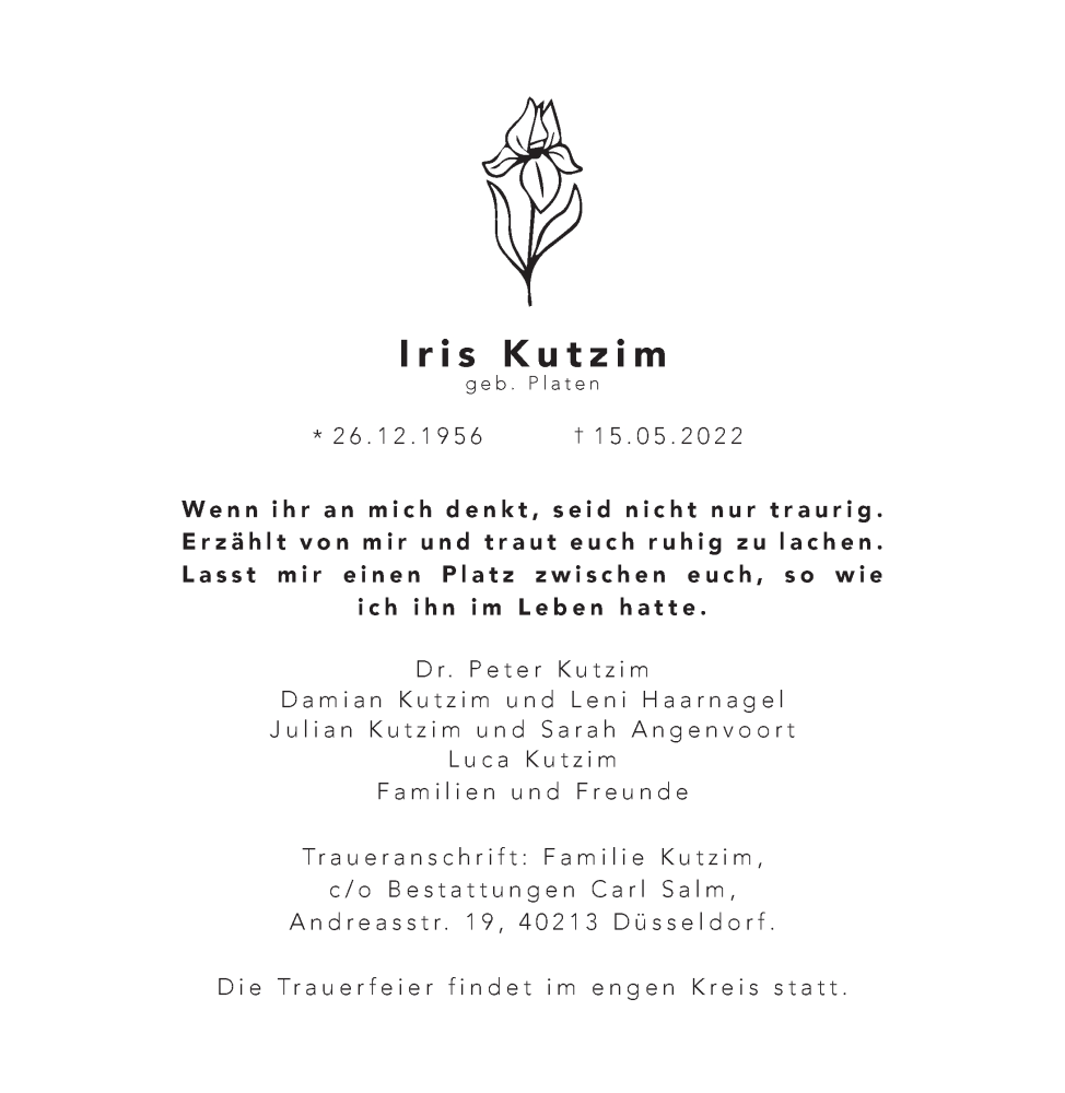  Traueranzeige für Iris Kutzim vom 21.05.2022 aus Rheinische Post