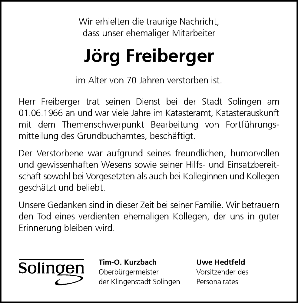  Traueranzeige für Jörg Freiberger vom 18.05.2022 aus Rheinische Post