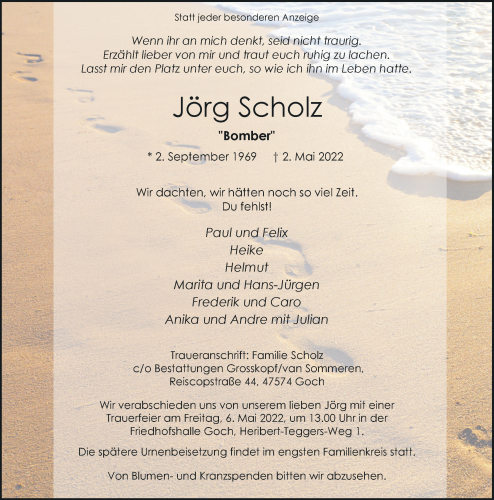  Traueranzeige für Jörg Scholz vom 05.05.2022 aus Rheinische Post