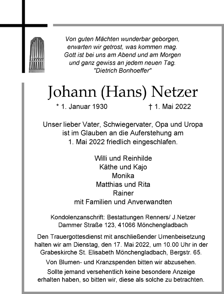  Traueranzeige für Johann Netzer vom 11.05.2022 aus Rheinische Post