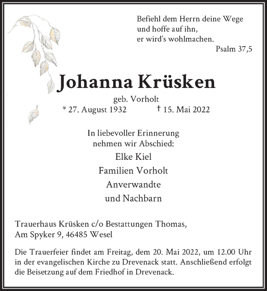 Traueranzeige von Johanna Krüsken von Rheinische Post