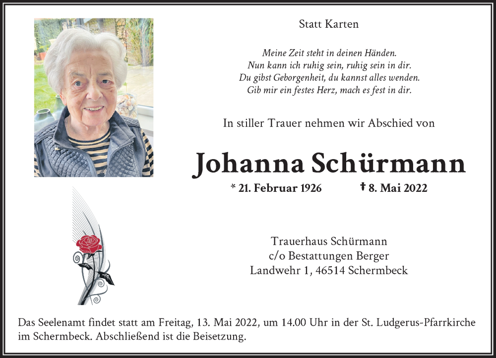  Traueranzeige für Johanna Schürmann vom 10.05.2022 aus Rheinische Post