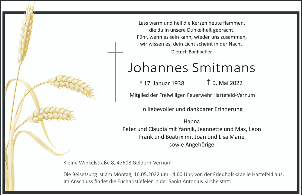  Traueranzeige für Johannes Smitmans vom 12.05.2022 aus Rheinische Post