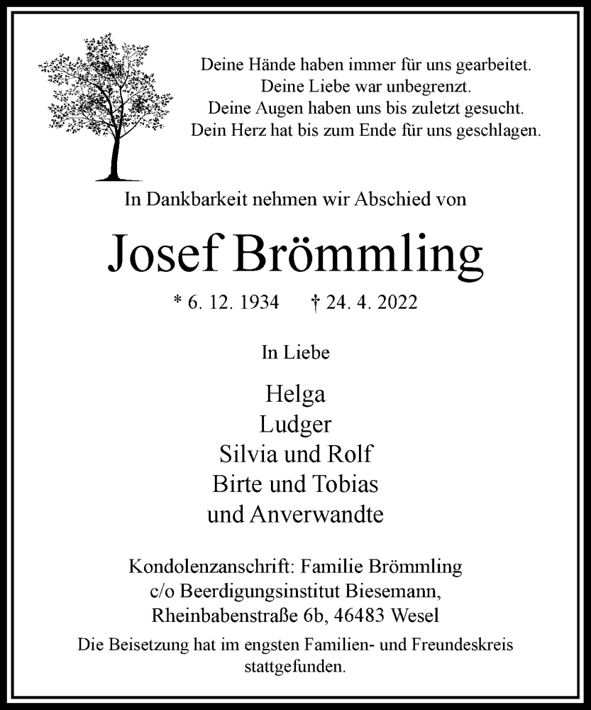  Traueranzeige für Josef Brömmling vom 04.05.2022 aus Rheinische Post