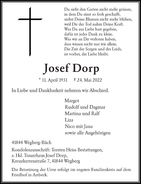 Traueranzeige von Josef Dorp von Rheinische Post