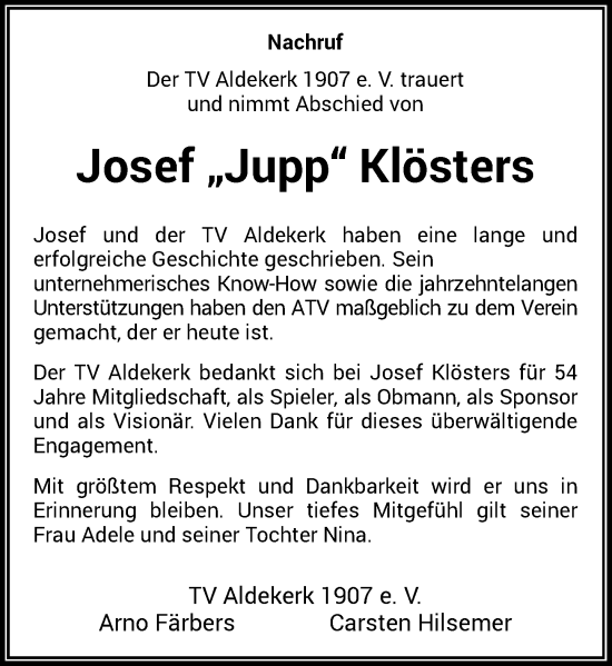 Traueranzeige von Josef Klösters von Rheinische Post