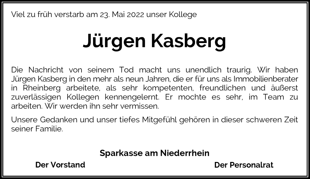  Traueranzeige für Jürgen Kasberg vom 31.05.2022 aus Rheinische Post