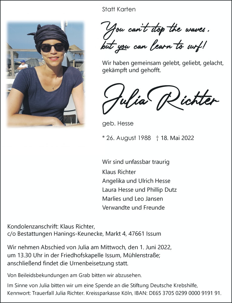  Traueranzeige für Julia Richter vom 25.05.2022 aus Rheinische Post