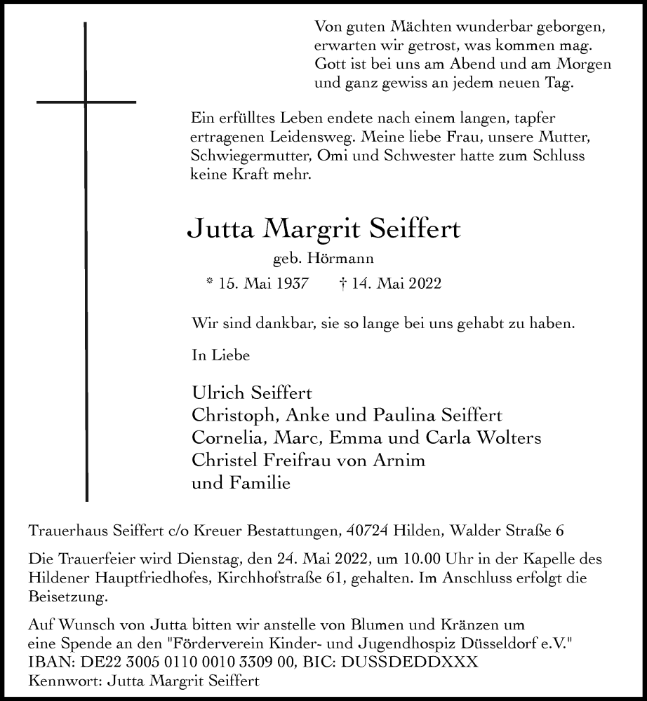  Traueranzeige für Jutta Margrit Seiffert vom 19.05.2022 aus Rheinische Post