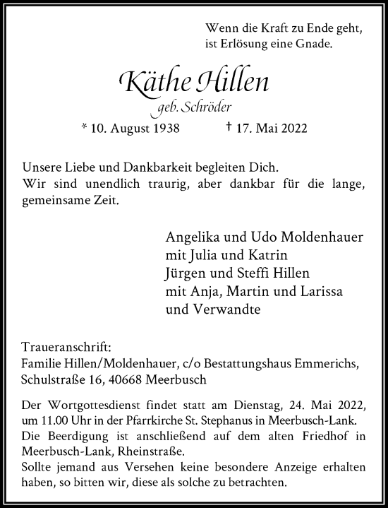 Traueranzeige von Käthe Hillen von Rheinische Post