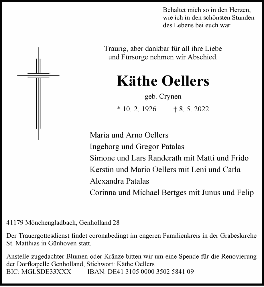  Traueranzeige für Käthe Oellers vom 14.05.2022 aus Rheinische Post