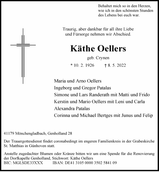 Traueranzeige von Käthe Oellers von Rheinische Post